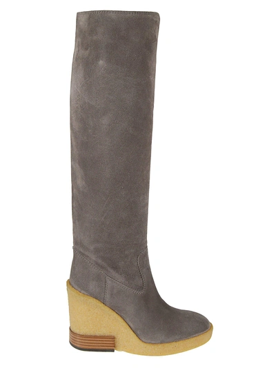 Tod's Knee-high Suede Wedge Boots In Grey