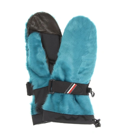Moncler Shearling And Leather Mittens In Blue