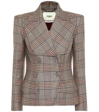 Fendi Double-breasted Prince Of Wales Checked Wool Jacket In Grey