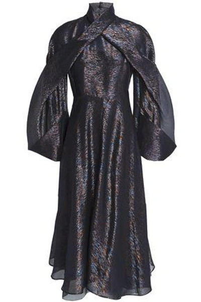 Delpozo Woman Metallic Silk-blend Jacquard Midi Dress Midnight Blue