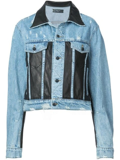 Amiri Leather-paneled Distressed Denim Jacket In Blue