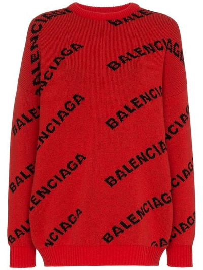 Balenciaga 大廓形嵌花羊毛混纺毛衣 In Red