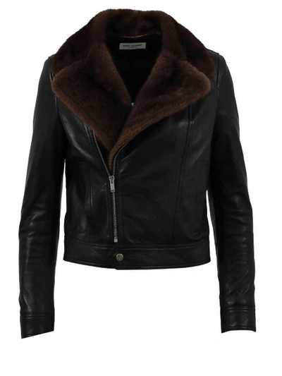 Saint Laurent Mink Fur-collar Leather Moto Jacket In Black