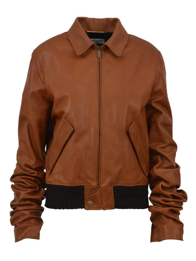 Saint Laurent Extra Long-sleeves Leather Bomber Jacket In Cognac