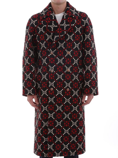 Gucci Double-breasted Logo-jacquard Wool Coat In Black