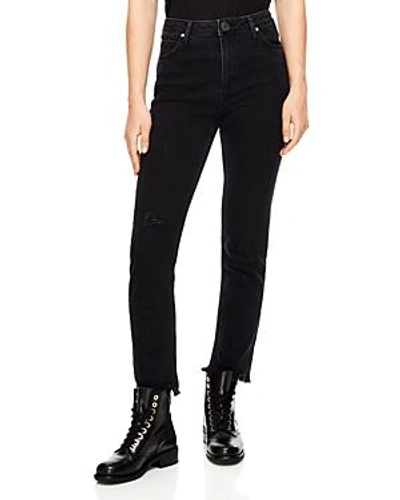 Sandro Opera High-rise Frayed Straight-leg Jeans In Black