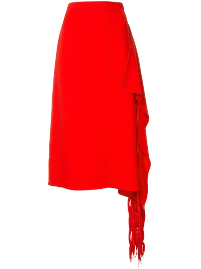 Tibi A-line Crepe Midi Skirt W/ Fringe Drape In Red