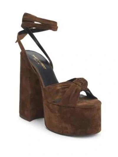 Saint Laurent Paige Ankle-wrap Platform Suede Sandals In Brown