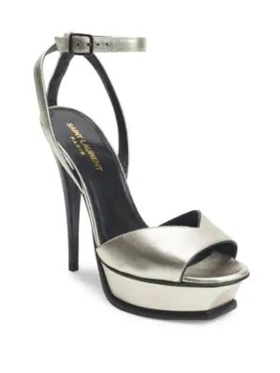 Saint Laurent Women's Tribute Lips 105mm Metallic Leather Platform Sandals In Platinum