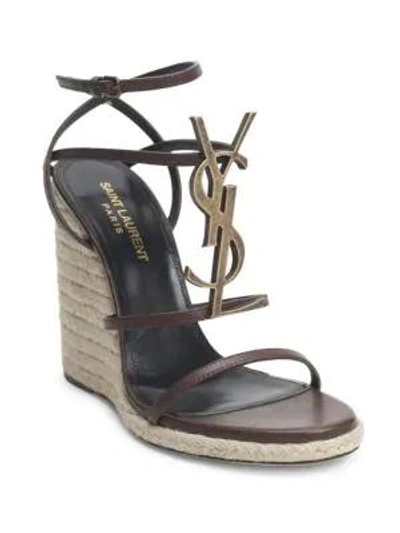 Saint Laurent Cassandra Leather Espadrille Wedge Sandals In Dark Chocolate