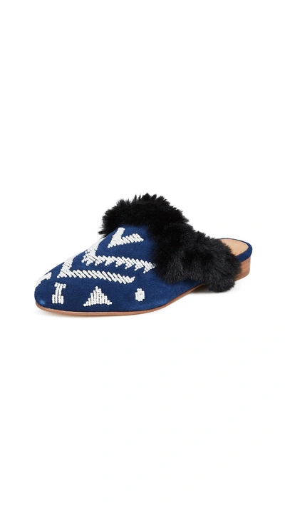 Soludos Sedona Faux Fur Beaded Mules In Navy