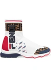 FENDI LOGO-APPLIQUÉD RUBBER-TRIMMED STRETCH-KNIT SLIP-ON SNEAKERS