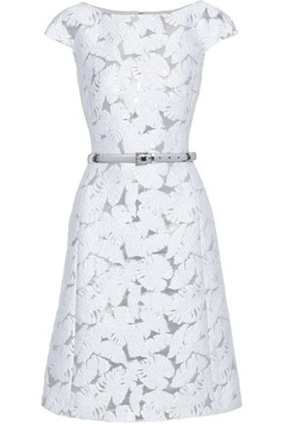 Michael Kors Palm-brocade Boat-neck Cocktail Dress With Belt In White Silver
