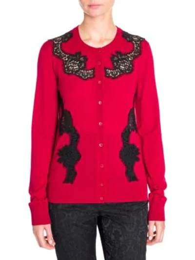 Dolce & Gabbana Lace-trimmed Wool-blend Cardigan In Dark Red