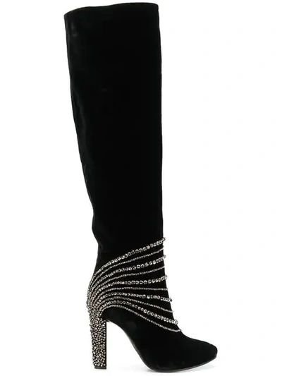 Alberta Ferretti Thigh High Embellished Boots In Black