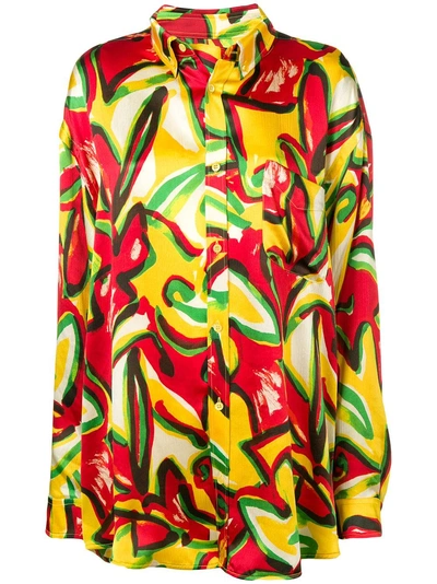 Balenciaga Couture Floral Print Satin Crepon Shirt In Yellow