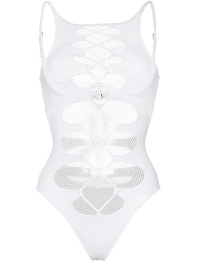 Agent Provocateur Hatty Mesh Lace-up Swimsuit In White