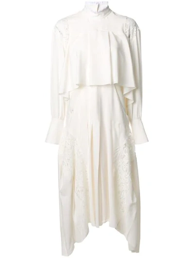 Chloé Mock-neck Long-sleeve Tiered Button-back Long Dress W/ Lace Panels In Ivory