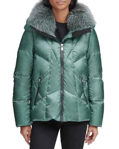 Andrew Marc Naya Down-fill Parka Coat W/ Fur Hood In Dusty Aqua