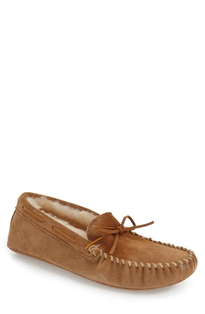 Minnetonka Genuine Shearling Lined Leather Slipper In Golden Tan