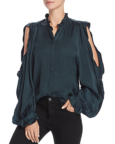 7 For All Mankind Cold-shoulder Ruffle Button-front Top In Dark Forest Green