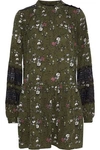 W118 BY WALTER BAKER W118 BY WALTER BAKER WOMAN ANALISE LACE-PANELED FLORAL-PRINT CREPE MINI DRESS ARMY GREEN,3074457345619576671