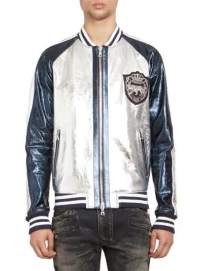 Balmain Leather Bomber Jacket In Silver Blue