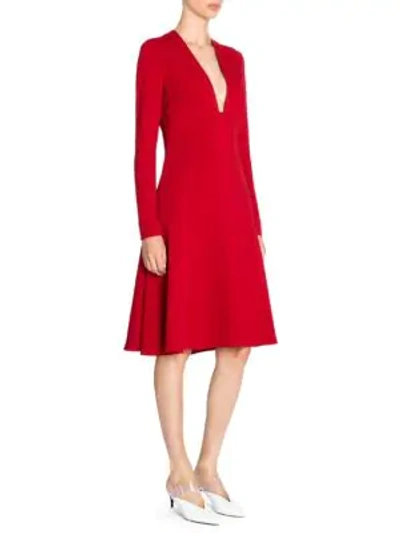 Stella Mccartney Deep-v Long-sleeve Fit-and-flare Stretch-cady Dress In Red