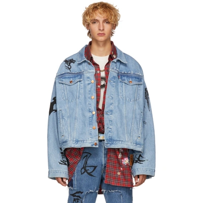 Vetements Tribal Print Oversized Denim Jacket Mens Blue