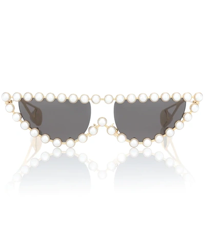 Gucci 53mm Crystal Embellished Cat Eye Sunglasses - Gold/ Pearls W/ Solid Grey In Golden