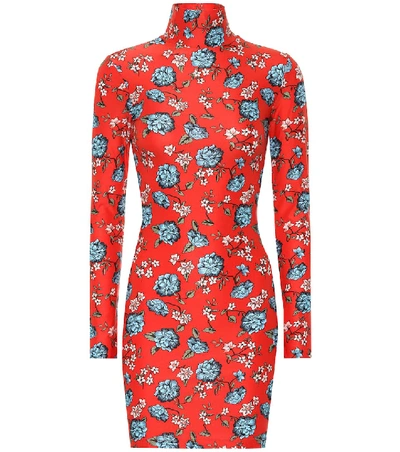 Vetements Floral-print Stretch-jersey Turtleneck Mini Dress In Red
