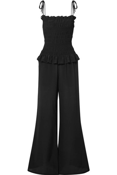 Tory Burch Cone Sizeta Smocked Wide-leg Silk Coverup Jumpsuit In Black