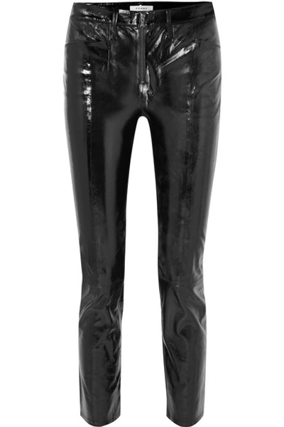 Frame Slick Cropped Patent-leather High-rise Slim-leg Trousers In Noir