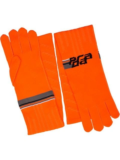 Prada Logo Knit Gloves - 橘色 In Orange