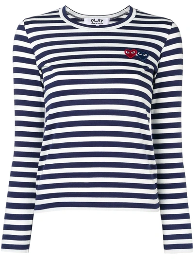 Comme Des Garçons Play Double-heart Logo Striped T-shirt In Blue