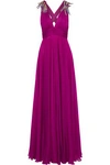 EMILIO PUCCI EMILIO PUCCI WOMAN KNOTTED EMBELLISHED PLEATED SILK-CHIFFON GOWN MAGENTA,3074457345619530731