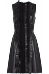 CAROLINA HERRERA CAROLINA HERRERA WOMAN RUFFLED EMBROIDERED TULLE AND LEATHER MINI DRESS BLACK,3074457345619423727