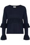 CINQ À SEPT WOMAN PHILLIPA RUFFLED SILK AND CASHMERE-BLEND SWEATER NAVY,GB 7668287966141356