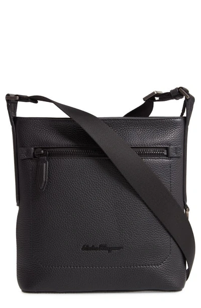 Ferragamo Men's Black On Black Pebbled Leather Crossbody Bag, Black