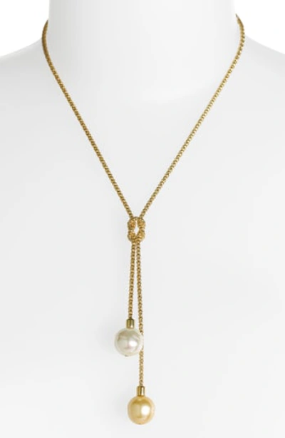 Majorica Love Knot Simulated Pearl Lariat Necklace In Champagne/ Gold