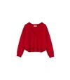 TIBI Cherry Red Sculpted Wool V Neck Cropped Pullover