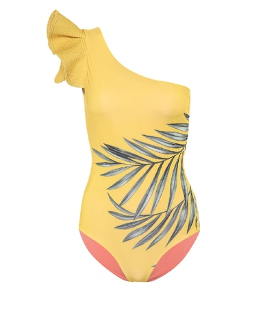 Johanna Ortiz Aloha Spirit Ruffled One-shoulder Palm-print One-piece Swimsuit In Yellow