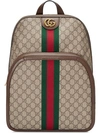 Gucci Leather And Webbing-trimmed Monogrammed Coated-canvas Backpack In Brown