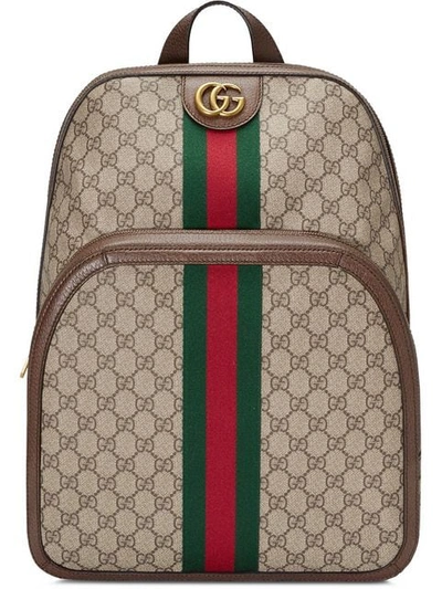 Gucci Leather And Webbing-trimmed Monogrammed Coated-canvas Backpack In Brown