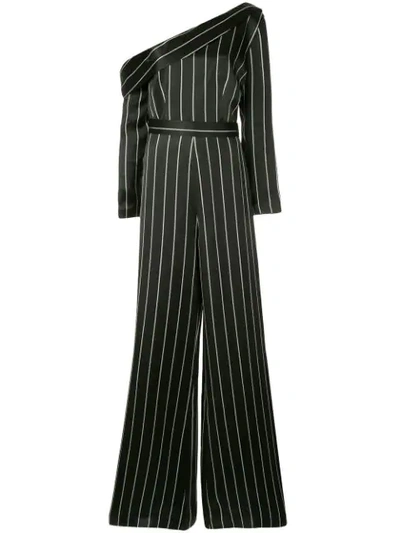 Safiyaa London Pinstriped One-shoulder Jumpsuit In Black