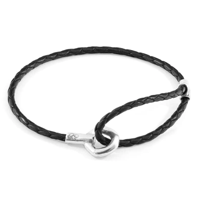Anchor & Crew Coal Black Blake Silver & Braided Leather Bracelet