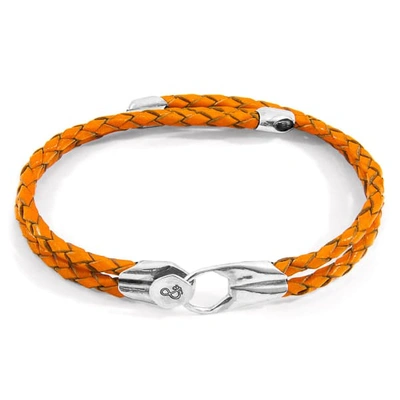 Anchor & Crew Fire Orange Conway Silver & Braided Leather Bracelet