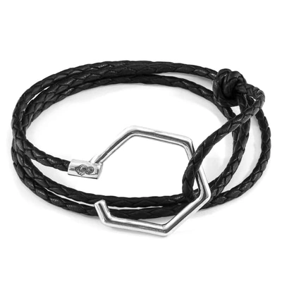 Anchor & Crew Coal Black Storey Silver & Braided Leather Bracelet