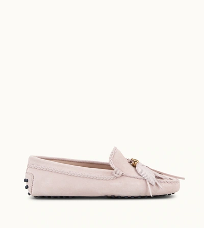 Tod's Suede Gommino Loafers With Feathers In Pink