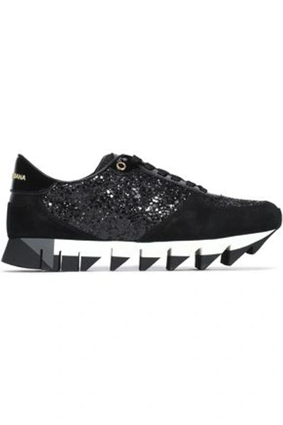 Dolce & Gabbana Woman Capri Glittered Suede, Mesh And Patent-leather Trainers Black